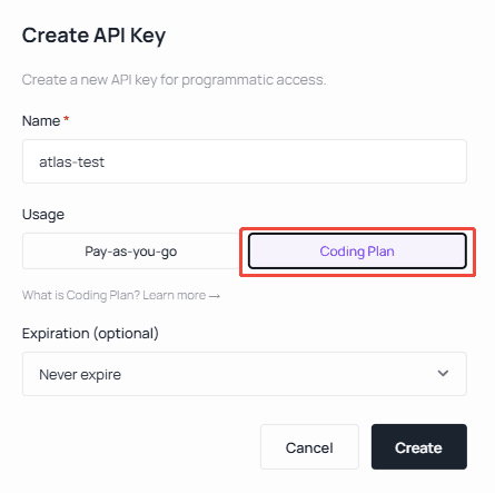 Получение API-ключа Coding Plan